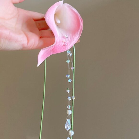 Flower Necklace Women Calla Lily Pearl Tassel Adjustable Ribbon Jewelry - Picture 6 of 6